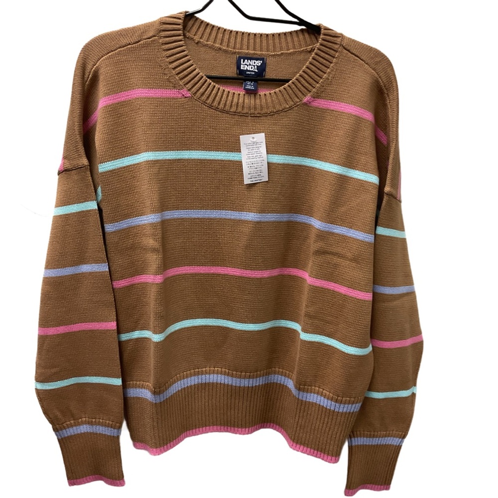 NWTLands' End 100% Cotten Brown Sweater with Colorful Stripes